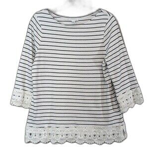 Charter Club Women's Size MEDIUM White/Black Stripe Top 3/4 Sleeve Nautical